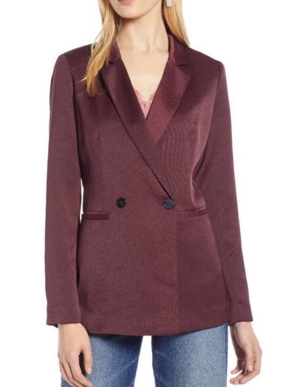 Halogen Burgundy Satin Double Breasted Blazer Classic Fit XS